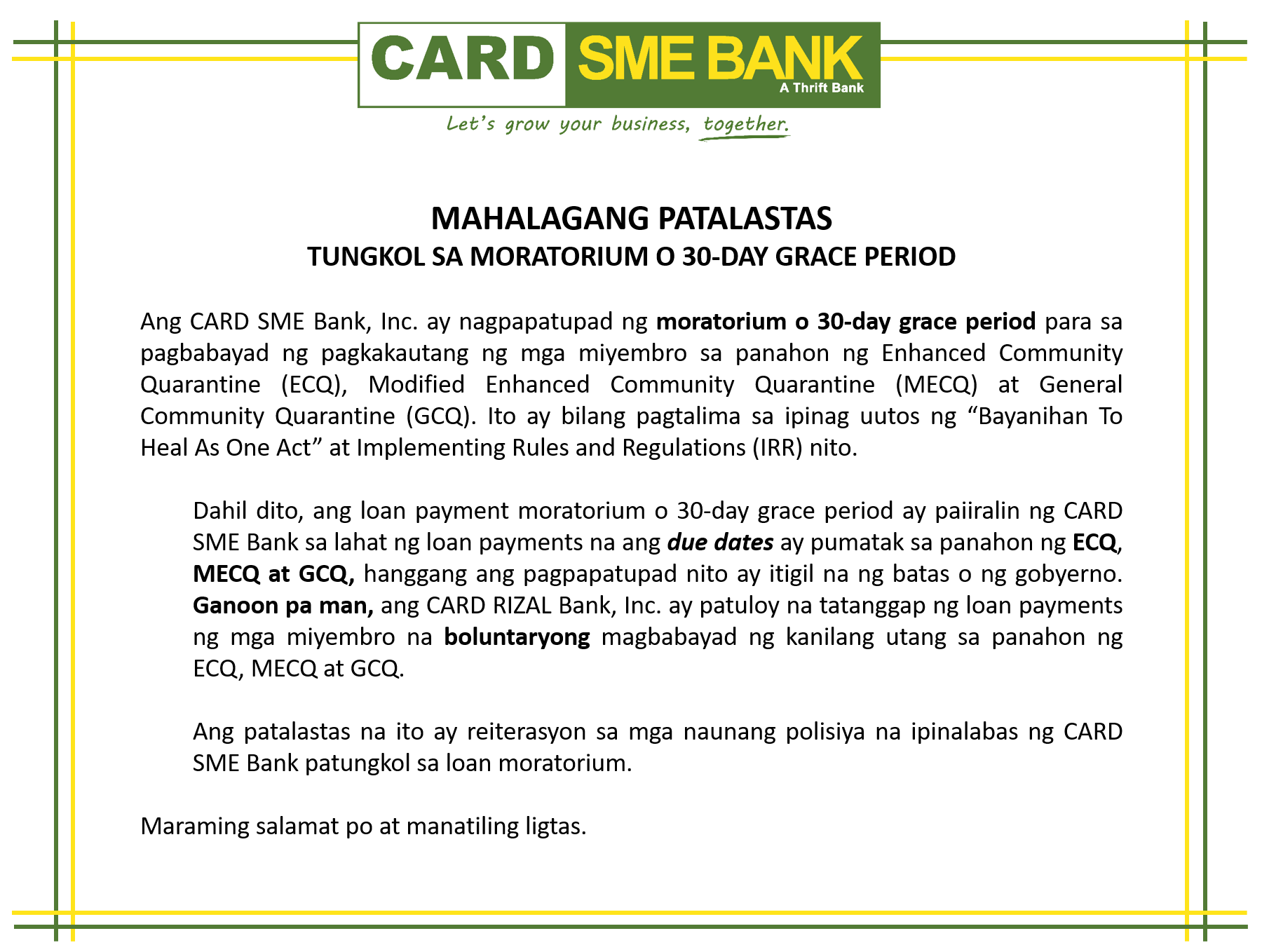 MAHALAGANG PATALASTAS TUNGKOL MULA SA MORATORIUM 0 30-DAY GRACE PERIOD